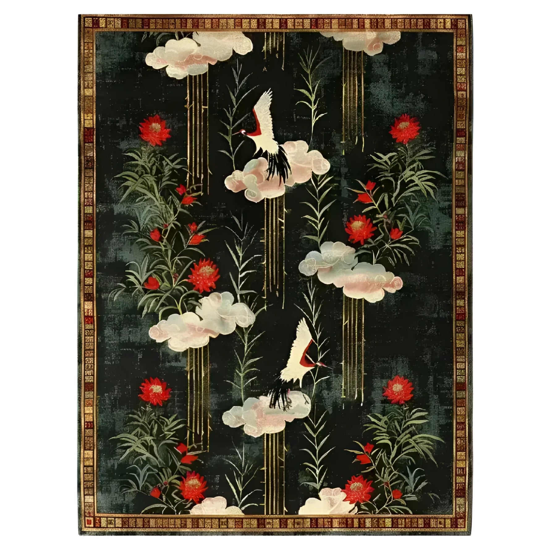 Elegant area rug featuring a vibrant floral design with white wings and crimson petals, hand-tufted from wool. Perfect for adding a touch of sophistication to living rooms, dining rooms, or bedrooms. This beautiful floral rug can enhance any formal dining room setting with its intricate patterns and luxurious feel.