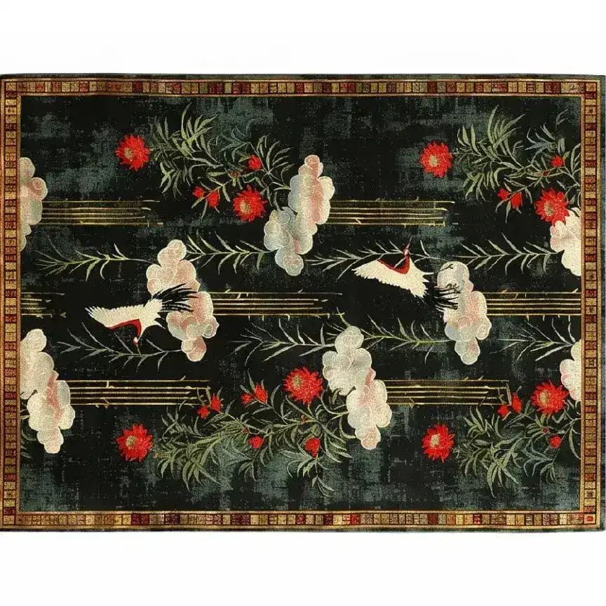 This elegant area rug features a hand-tufted design with white wings and crimson petals set against a dark backdrop. Perfect for adding a touch of sophistication to living rooms, dining rooms, or bedrooms, this wool rug showcases a stunning floral pattern ideal for formal dining room settings.