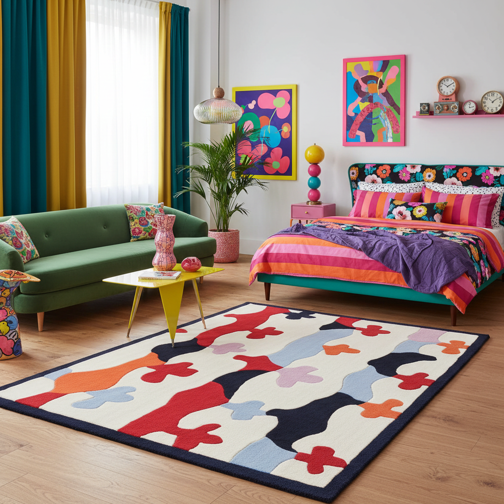 Colorful bedroom with a patterned rug, vibrant bedding, and abstract art on the walls.
