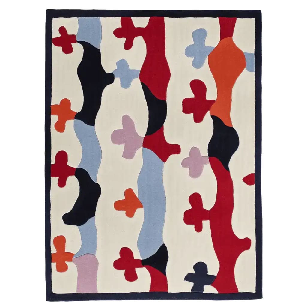The Wiggly Color Jam Hand Tufted Rug is a vibrant area rug featuring abstract, wavy patterns in red, blue, black, and orange on a cream background. This contemporary wool rug is perfect for adding a splash of color to any living room, making it an ideal choice for those seeking unique and stylish living room area rugs.