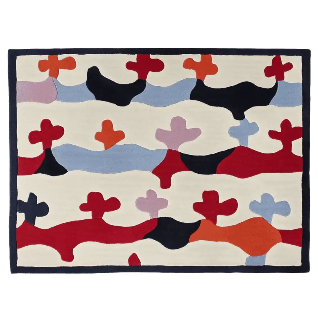 A vibrant hand-tufted area rug featuring a playful and abstract pattern in bold colors like red, orange, and blue. This contemporary wool rug adds a splash of color and modern design to any living room, perfect for those seeking unique area rugs for their space.