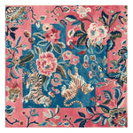 Vibrant hand-tufted area rug showcasing a lively design with tigers and blooming flowers. This wool rug, perfect for adding a splash of color to living room area rugs, features a striking blend of blue and pink hues. The square area rug format makes it an ideal choice for modern interiors, offering both style and comfort.