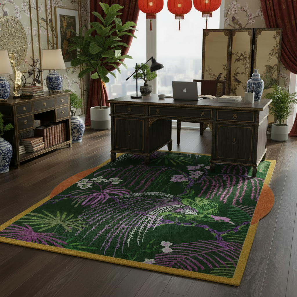 Decorative room with a desk, plants, and a colorful rug featuring floral patterns.