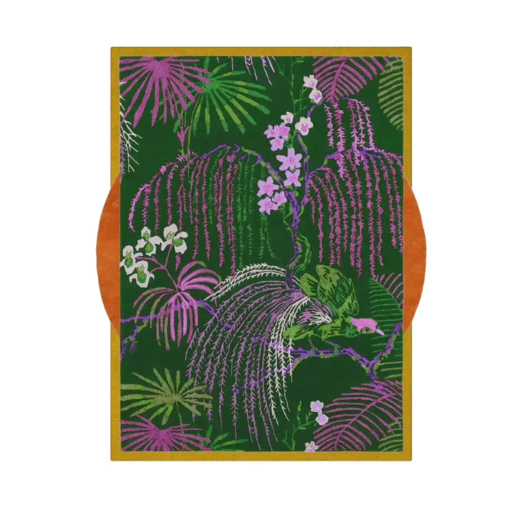 The Wild Bloom Elegant Hand Tufted Wool Rug showcases a vibrant floral design with rich green, purple, and pink hues. Perfect as an area rug for the living room or office, this wool rug adds a touch of nature-inspired elegance to any space.