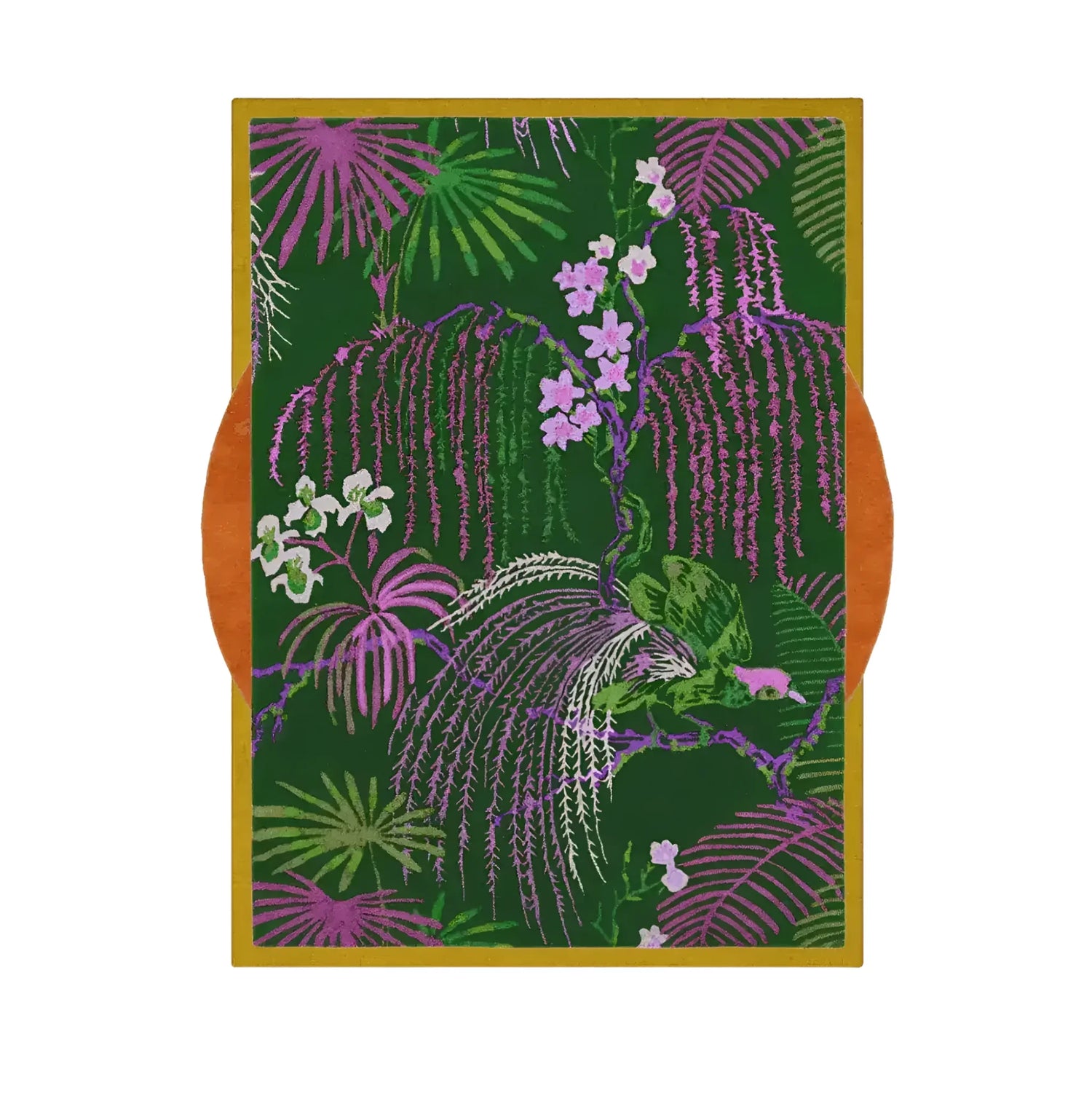 Decorative room with a desk, plants, and a colorful rug featuring floral patterns.