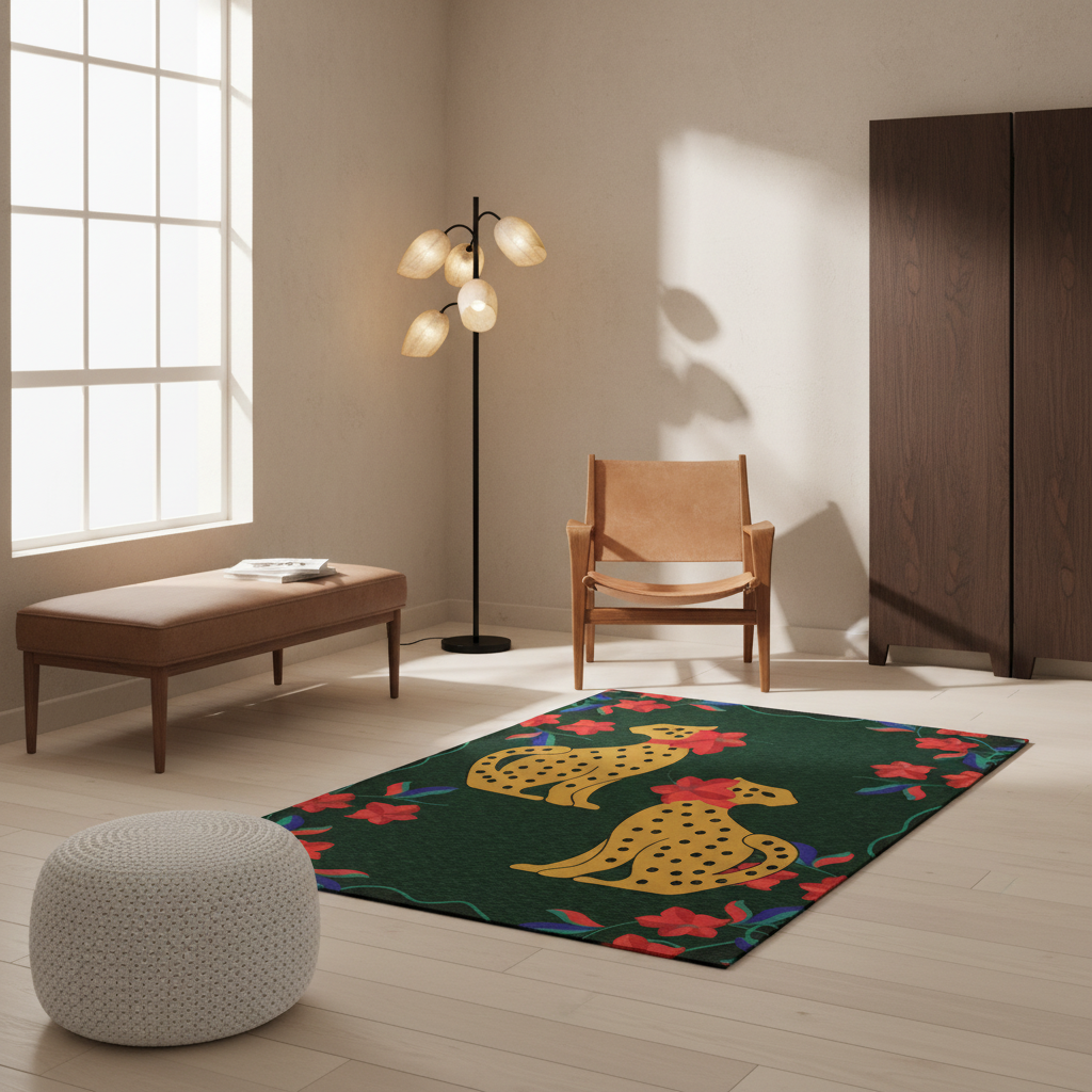 A styled interior room with a dark green area rug featuring two yellow cheetahs and red flowers, placed on a light wood floor next to a tan leather bench, a black floor lamp, a wooden chair, and a white pouf.