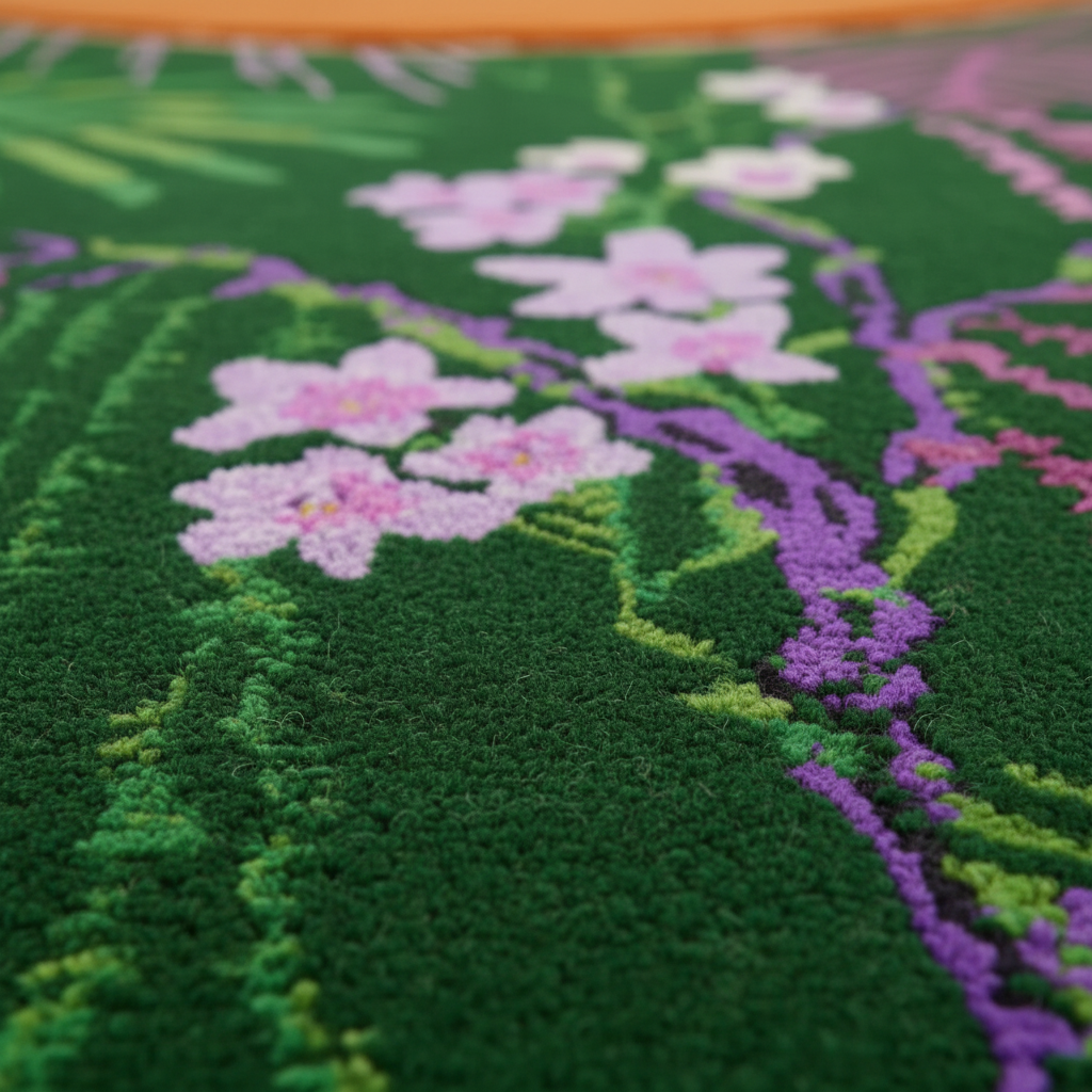 Close-up of a cross-stitched floral pattern rug