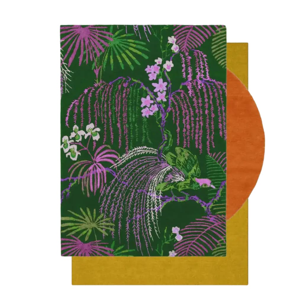 Vibrant Wild Bloom II Hand Tufted Wool Rug featuring lush green and pink floral patterns, perfect as a stylish area rug for living rooms or bedrooms. This elegant wool rug adds a touch of nature-inspired beauty to any space.