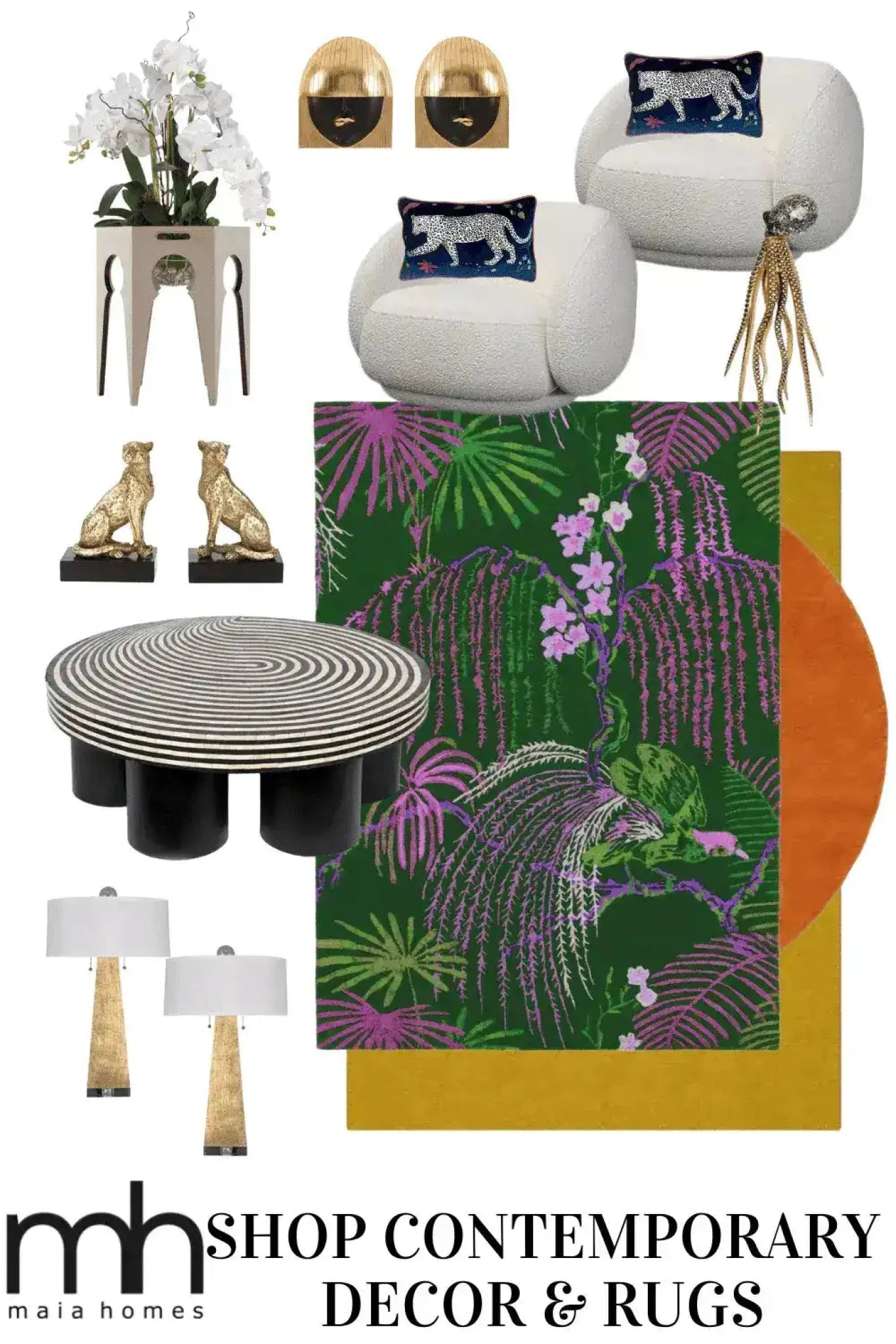 A vibrant Wild Bloom II Hand Tufted Wool Rug featuring a lush botanical design with purple and green foliage. Perfect for adding a touch of nature to your living room or bedroom, this area rug offers a cozy feel and vibrant look, enhancing contemporary decor effortlessly.