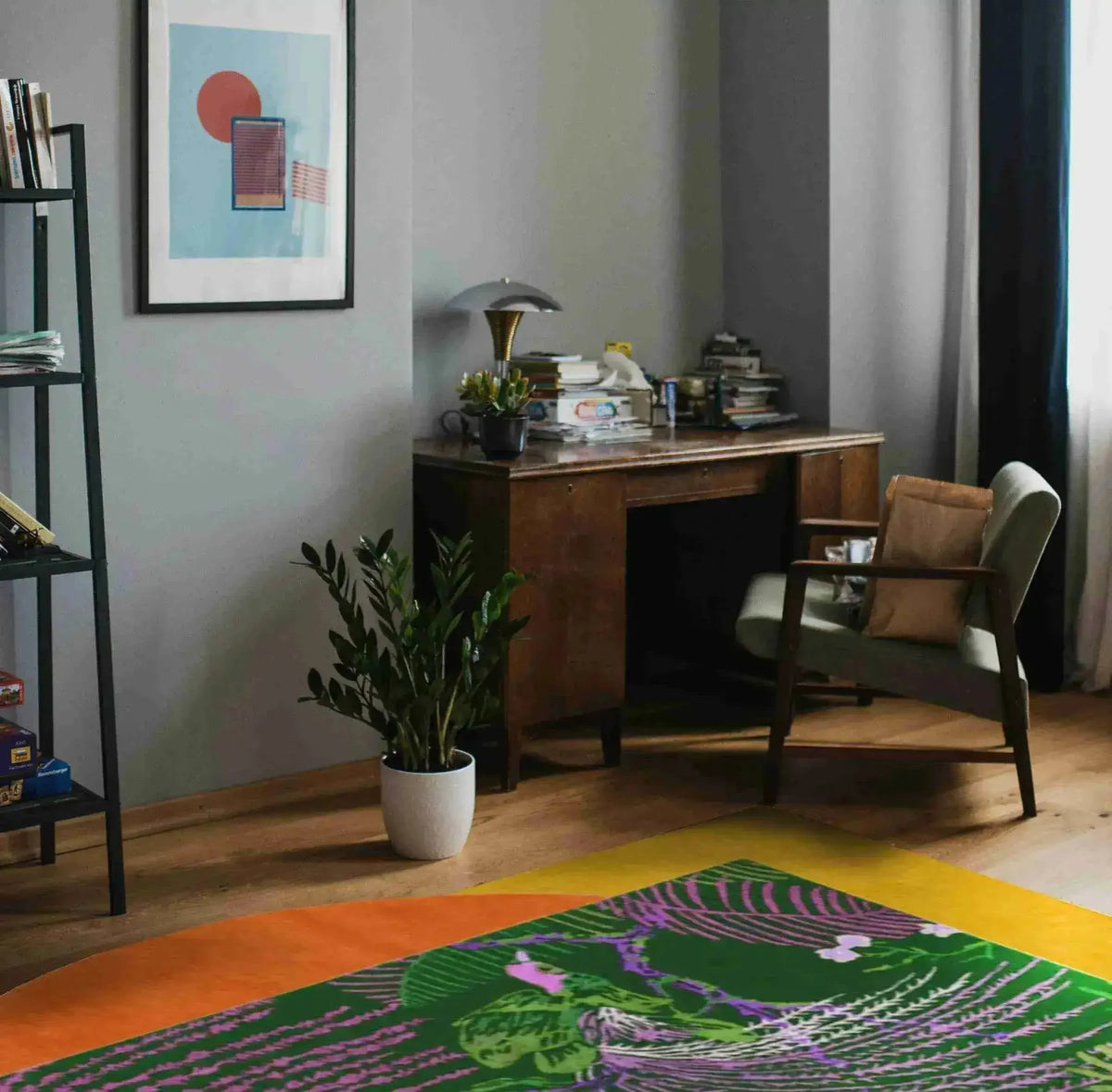 Stylish living room featuring a vibrant Wild Bloom II Hand Tufted Wool Rug. This area rug showcases bold colors and intricate patterns, perfect for adding a splash of color to your bedroom or living room. Ideal for those seeking unique wool rugs for a cozy and artistic touch.