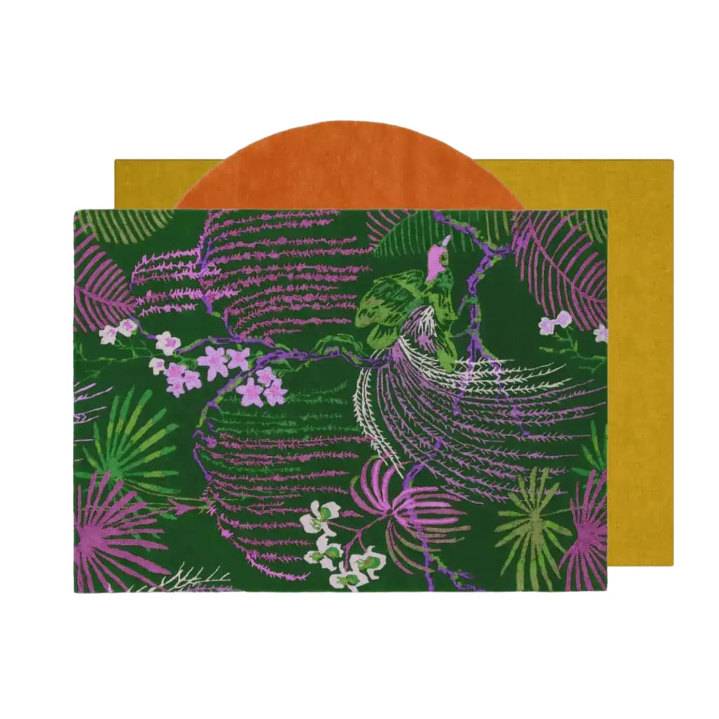 Vibrant Wild Bloom II Hand Tufted Wool Area Rug featuring an abstract floral design in green, pink, and purple hues. Perfect for adding a splash of color to living rooms or bedrooms, this wool rug is a stunning centerpiece for any space.