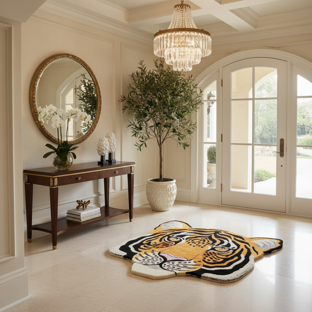 Luxurious interior with a tiger-patterned rug, wooden console table, and large mirror.