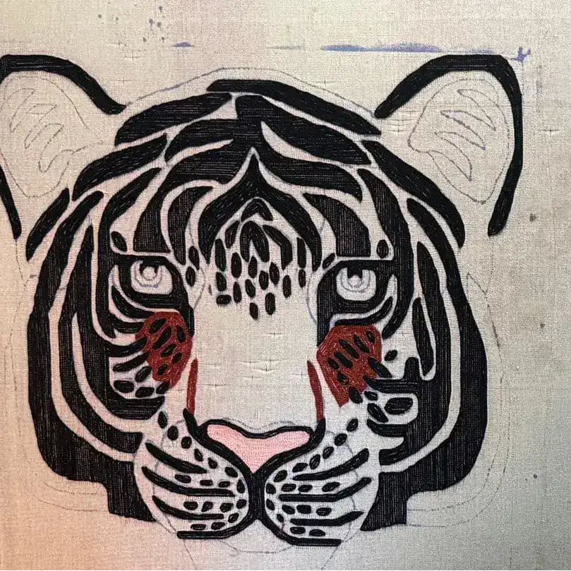 This vibrant area rug features a bold tiger face design, hand-tufted in high-quality wool. Perfect for adding a wild touch to your living room or dining room, this wool rug combines artistry with functionality, making it an ideal choice for dining room area rugs or carpets.