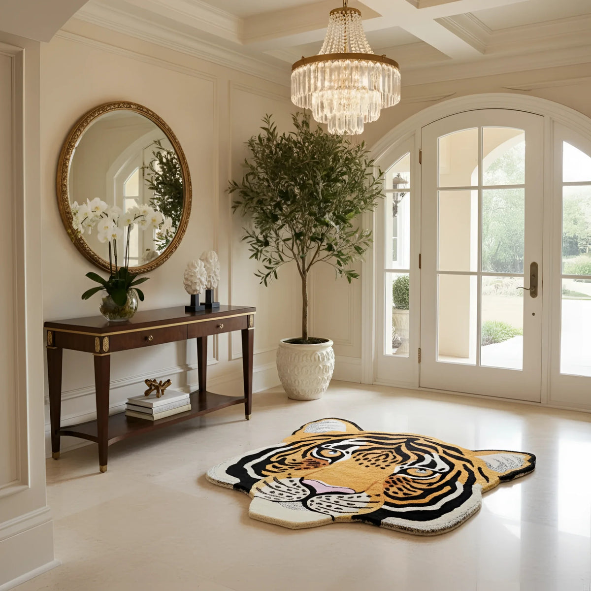 Luxurious interior with a tiger-patterned rug, wooden console table, and large mirror.