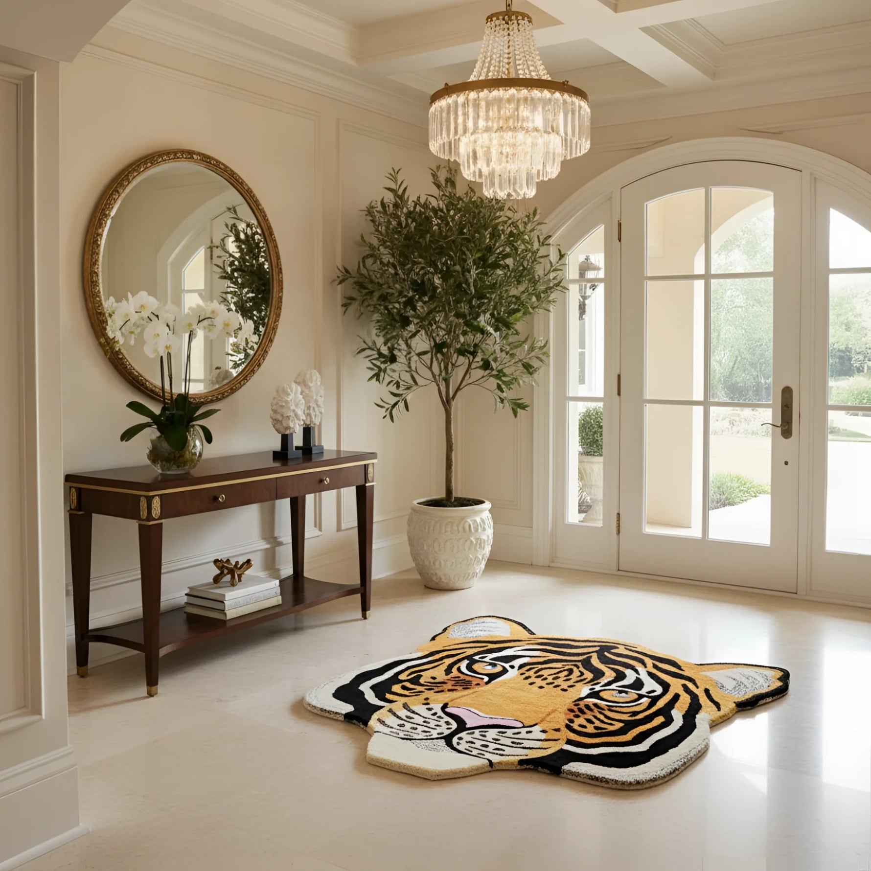 Luxurious interior with a tiger-patterned rug, wooden console table, and large mirror.