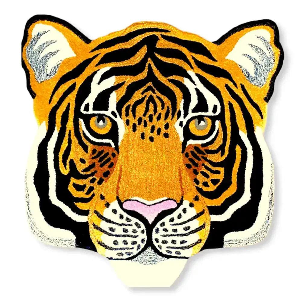 Vibrant tiger face design on a hand-tufted wool area rug, perfect for adding a bold statement to your living room or dining room. This unique accent piece serves as an eye-catching dining room area rug, crafted to enhance any space with its artistic flair.