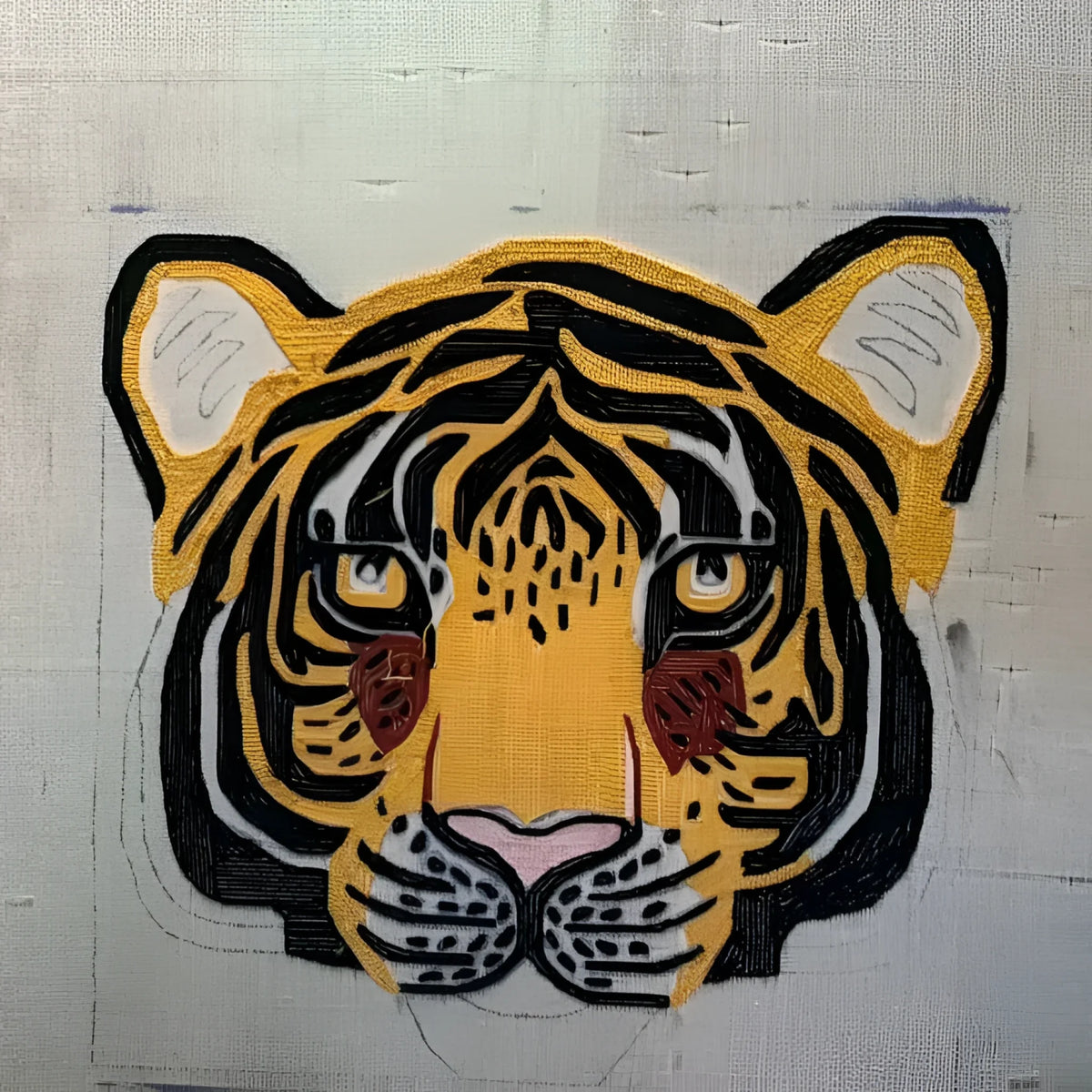 Hand-tufted wool area rug featuring an abstract tiger face design. Ideal for adding a wild touch to your living room or dining room, this eye-catching rug serves as a unique dining room area rug or carpet.