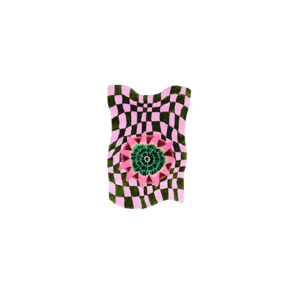 Vibrant Wild Flower Wavy Checker Hand Tufted Wool Rug featuring a bold, contemporary design with pink and green checker patterns, perfect for adding a touch of boho style to your living room. This unique area rug is crafted from high-quality wool, making it a luxurious and eye-catching choice for any modern space.