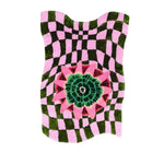 Vibrant area rug with a wavy checker pattern in black and pink, featuring a central floral design in green and pink. This hand-tufted wool rug adds a contemporary and boho touch, perfect for enhancing the decor of any living room.