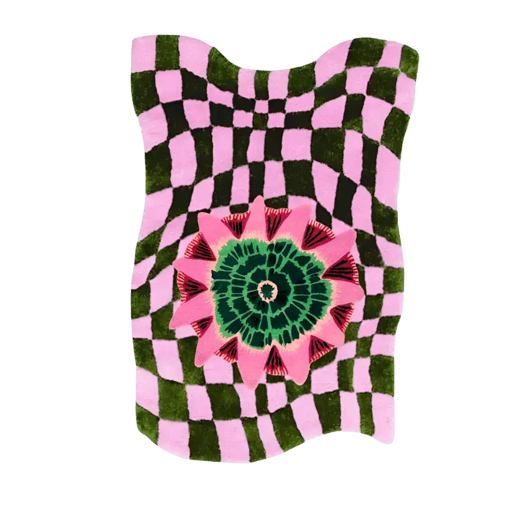 Vibrant area rug with a wavy checker pattern in black and pink, featuring a central floral design in green and pink. This hand-tufted wool rug adds a contemporary and boho touch, perfect for enhancing the decor of any living room.