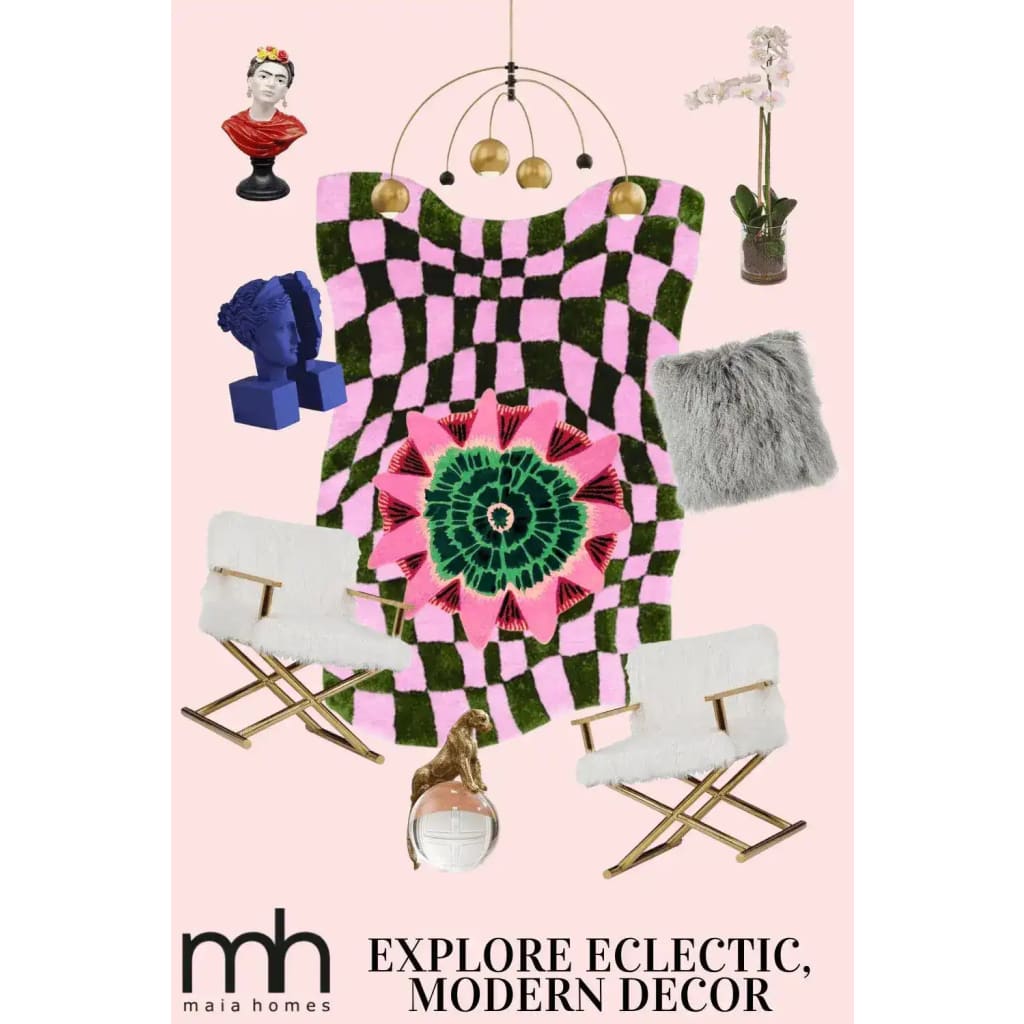 A vibrant and contemporary area rug with a wavy checker pattern in pink and green, featuring a central floral design. This wool rug is styled in a modern living room setting with eclectic decor, including sculptures and plush chairs, perfect for adding a boho touch to your space.