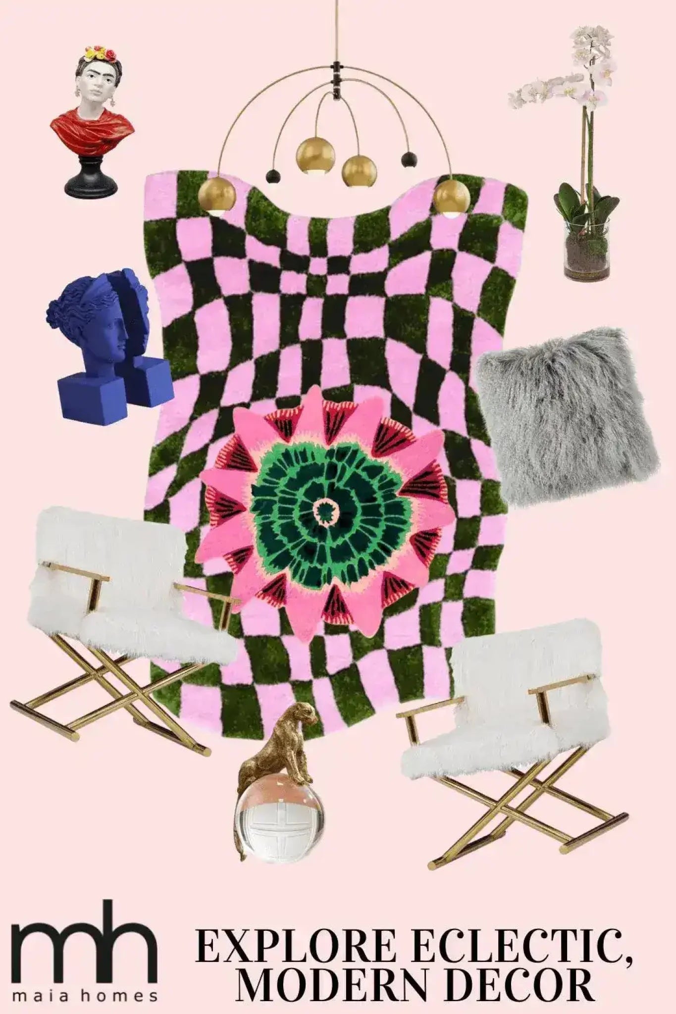 A vibrant and contemporary area rug with a wavy checker pattern in pink and green, featuring a central floral design. This wool rug is styled in a modern living room setting with eclectic decor, including sculptures and plush chairs, perfect for adding a boho touch to your space.