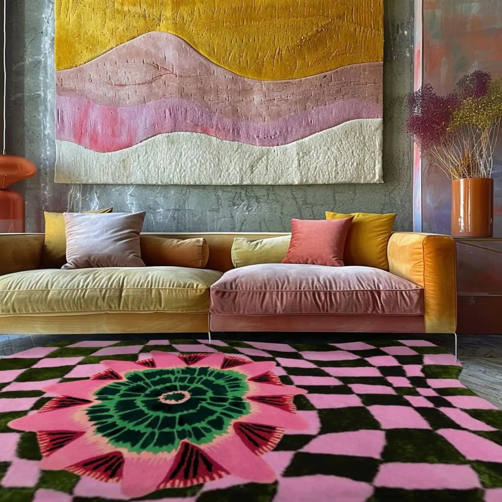 A vibrant area rug featuring a wavy checker pattern with bold pink and green colors, complementing a modern living room with a colorful sofa and abstract wall art. This wool rug adds a boho and contemporary touch, perfect for area rugs in living room settings.