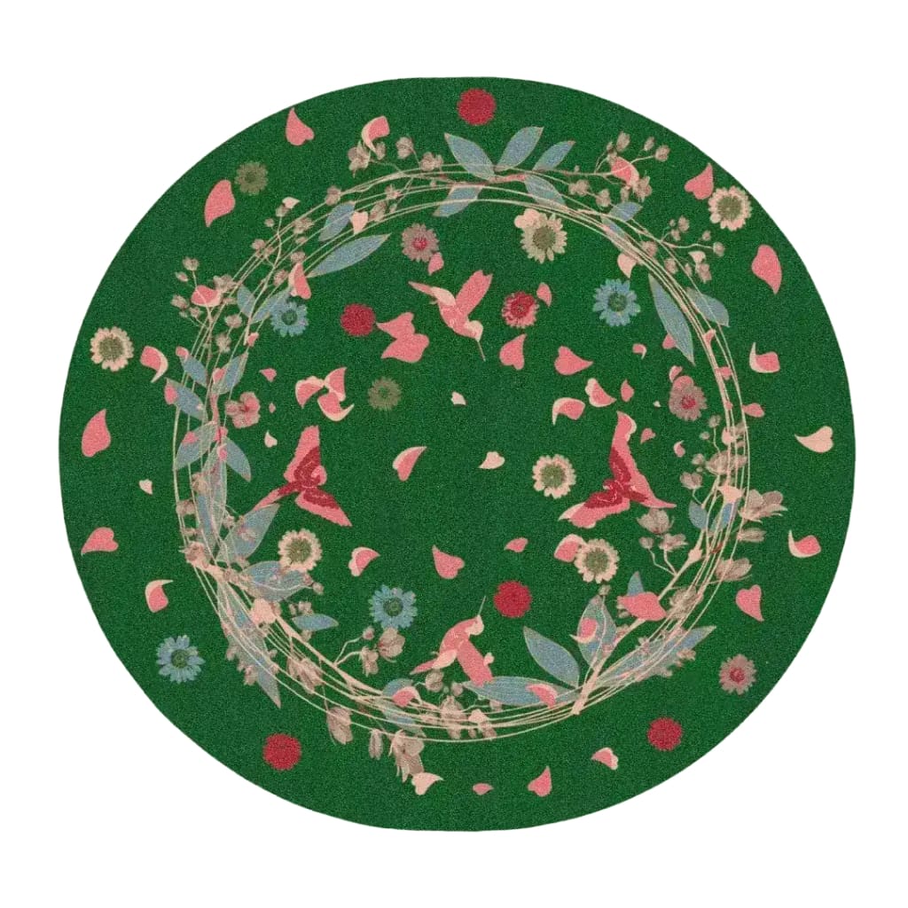 Beautiful round area rug in green, featuring a charming pattern of wild flowers and birds. This hand-tufted wool rug is perfect for enhancing the elegance of a living room, dining room, or formal dining room. The intricate design of this round rug adds a touch of nature-inspired beauty to any space, making it an ideal choice for those seeking stylish dining room carpets.