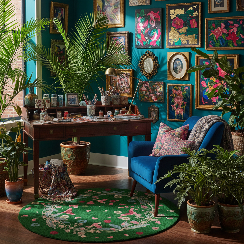 Colorful living room with a blue armchair, wooden desk, a floral green round rug, and various artworks on a teal wall.