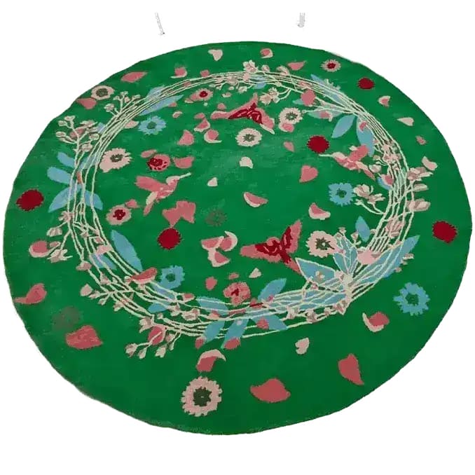 7 ' Wild Flowers Birds Round Hand Tufted Rug - Green - MAIA HOMES