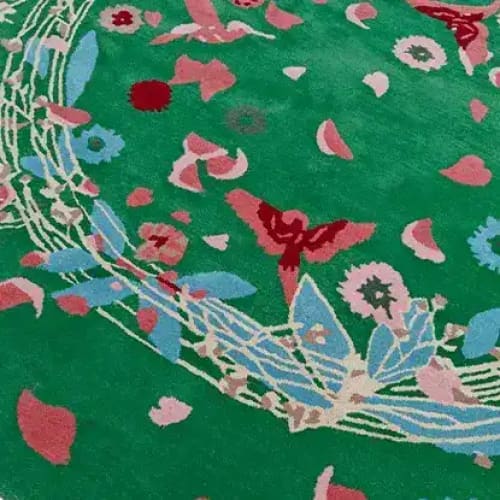 Wild Flowers Birds Round Hand Tufted Rug - Green - MAIA HOMES