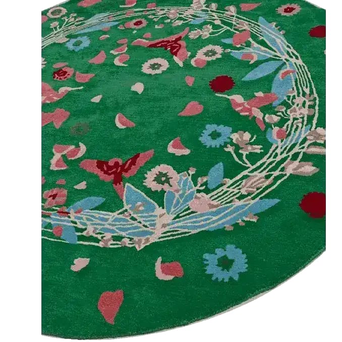 7 ' Wild Flowers Birds Round Hand Tufted Rug - Green - MAIA HOMES