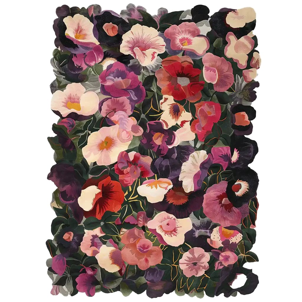 Vibrant floral area rug perfect for living rooms, featuring an array of colorful flowers in rich hues, hand-tufted from wool for a luxurious feel.