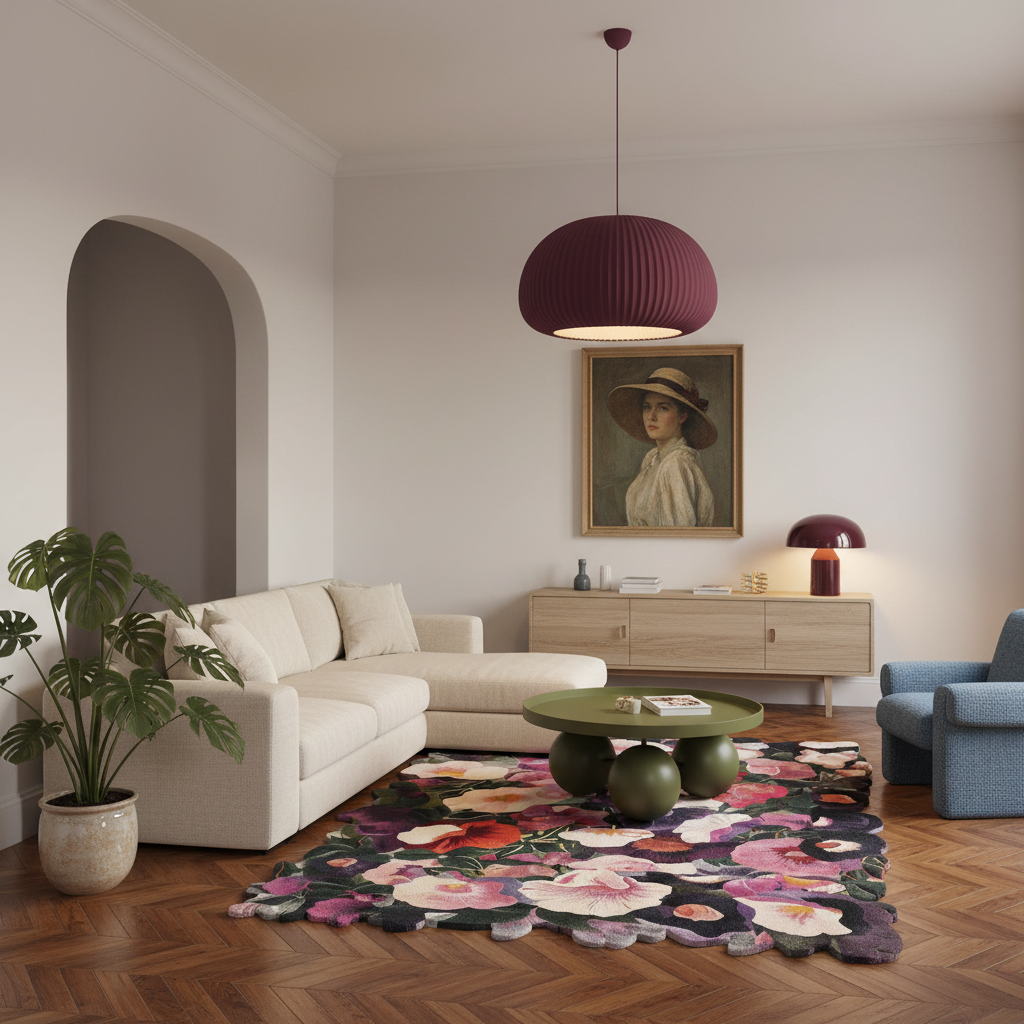 A styled living room interior featuring a cream sectional sofa, a green round coffee table on a large floral area rug, a burgundy ribbed pendant light, and a wood console with a portrait painting under a white ceiling.