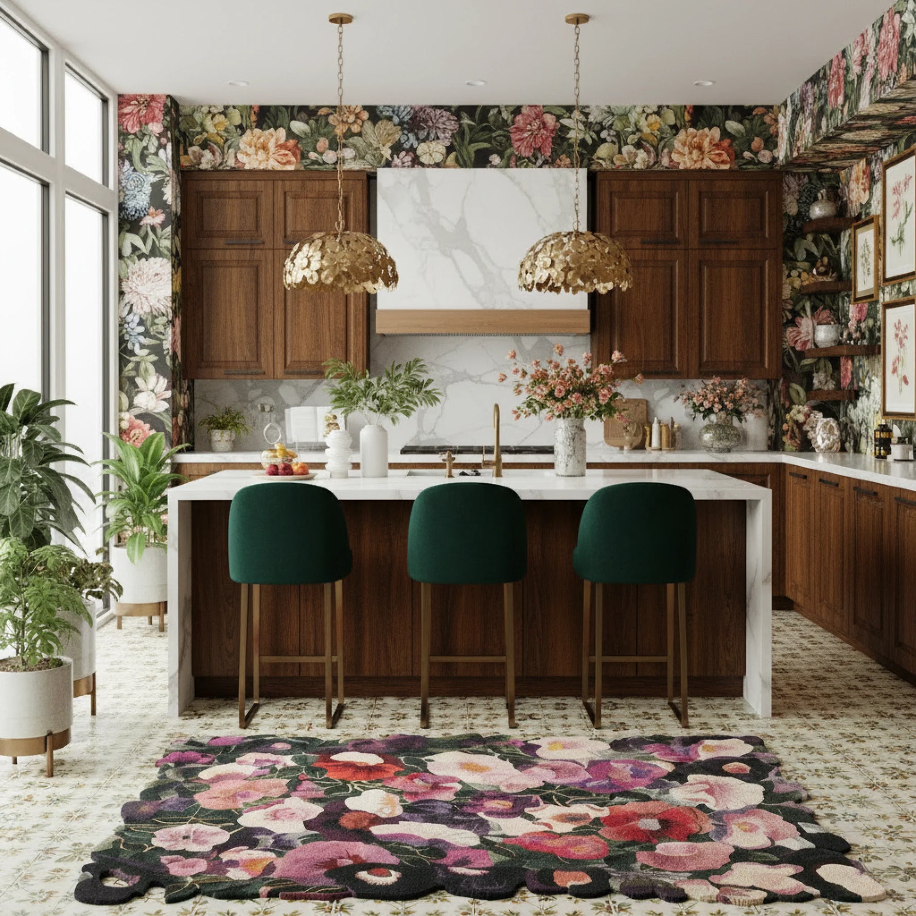 Modern kitchen with floral wallpaper, wooden cabinets, and decorative rug.