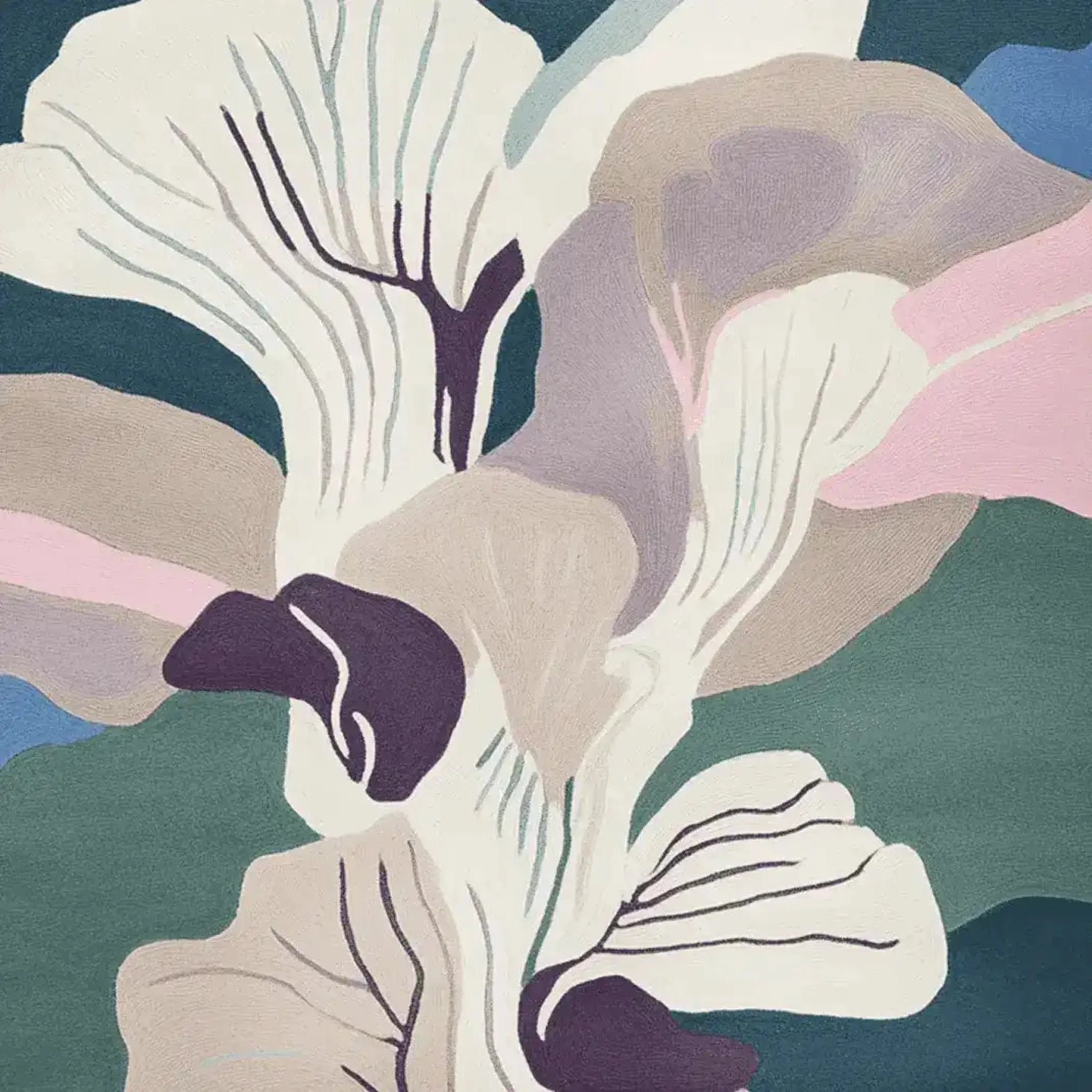 Vibrant hand-tufted area rug featuring an abstract floral design in soothing tones of pink, purple, and green. Perfect wool rug for contemporary living rooms.