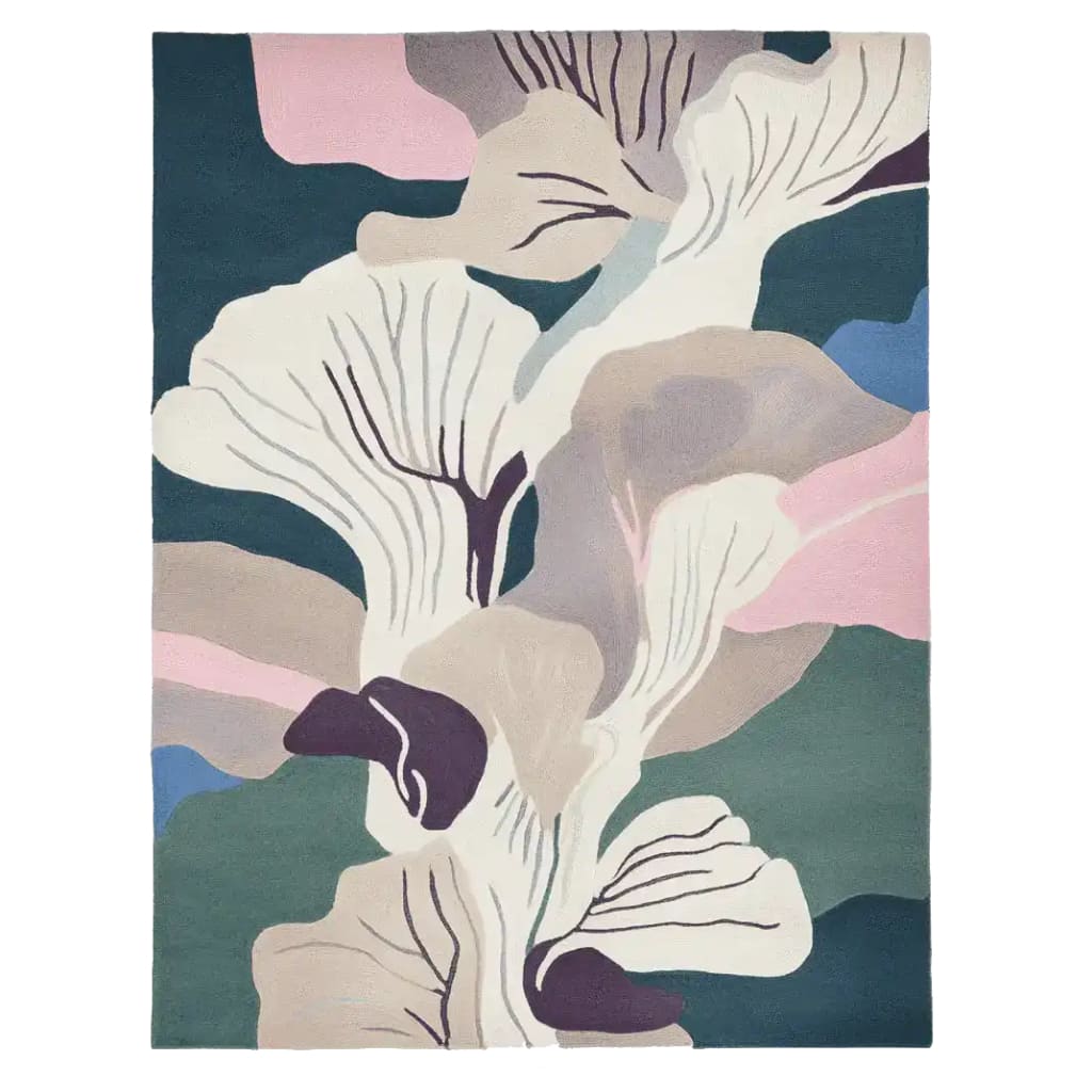 Top view of the Wild Grove Bloom Hand Tufted Area Rug, showcasing an abstract floral design with soft pastel colors. This contemporary wool rug is perfect for adding a modern touch to any living room.
