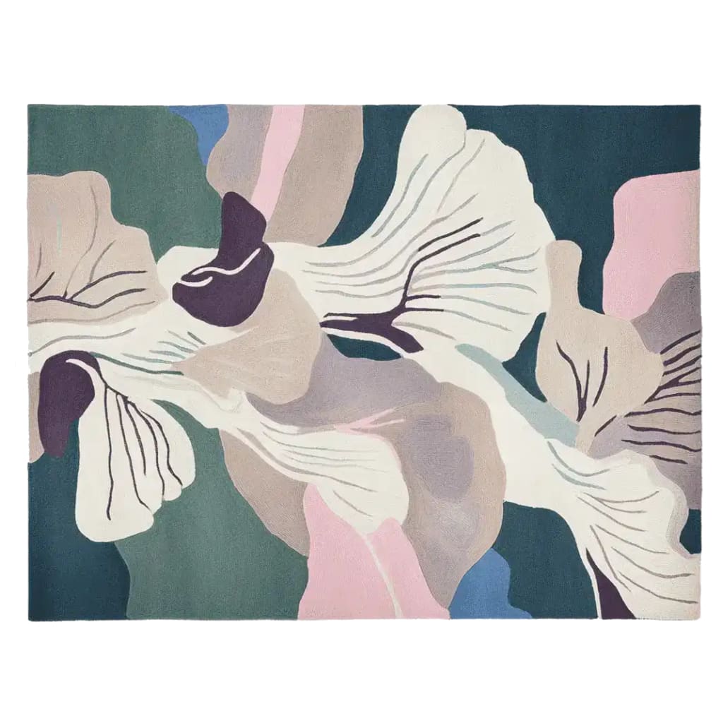 Top view of the Wild Grove Bloom Hand Tufted Area Rug showcasing an abstract floral design with vibrant colors. This wool rug is perfect for adding a contemporary touch to any living room.