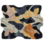 Top view of the Wild Grove Ember Hand Tufted Area Rug with an abstract design. This wool rug features a mix of earthy tones and bold shapes, perfect for large living room spaces. A contemporary rug that adds a sophisticated touch to any living room area.