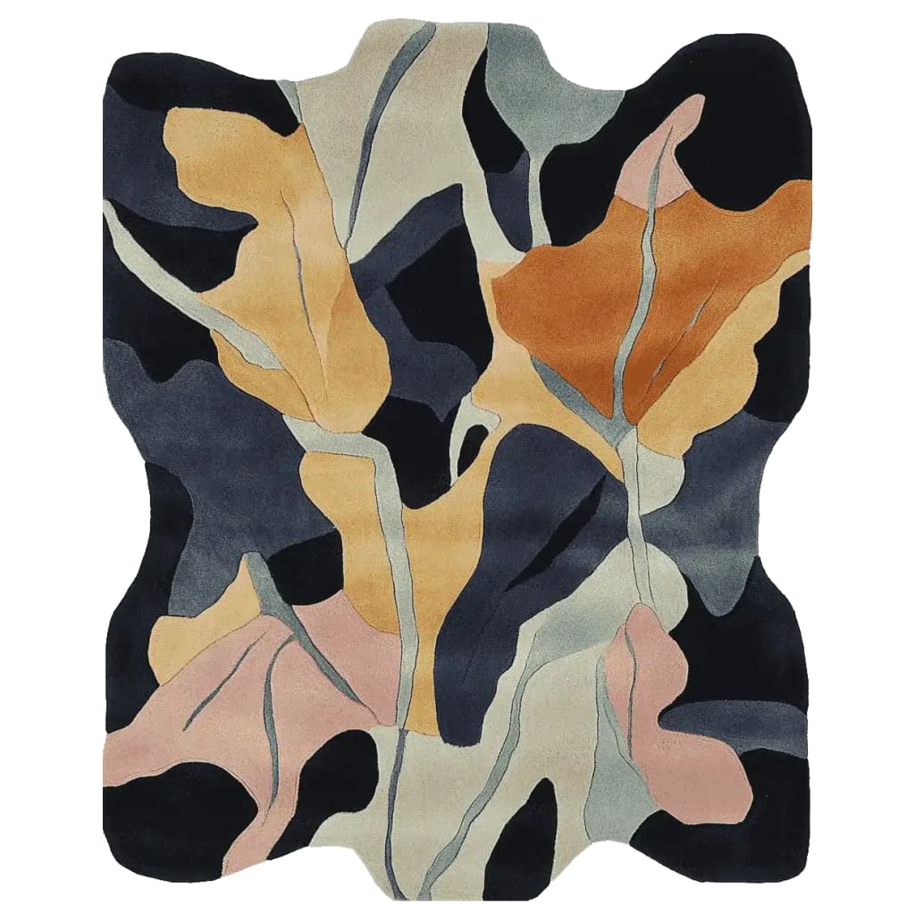 The Wild Grove Ember Hand Tufted Rug features a vibrant abstract design with bold colors, perfect for adding a contemporary touch to a large living room. This area rug is made from high-quality wool, offering both style and comfort.