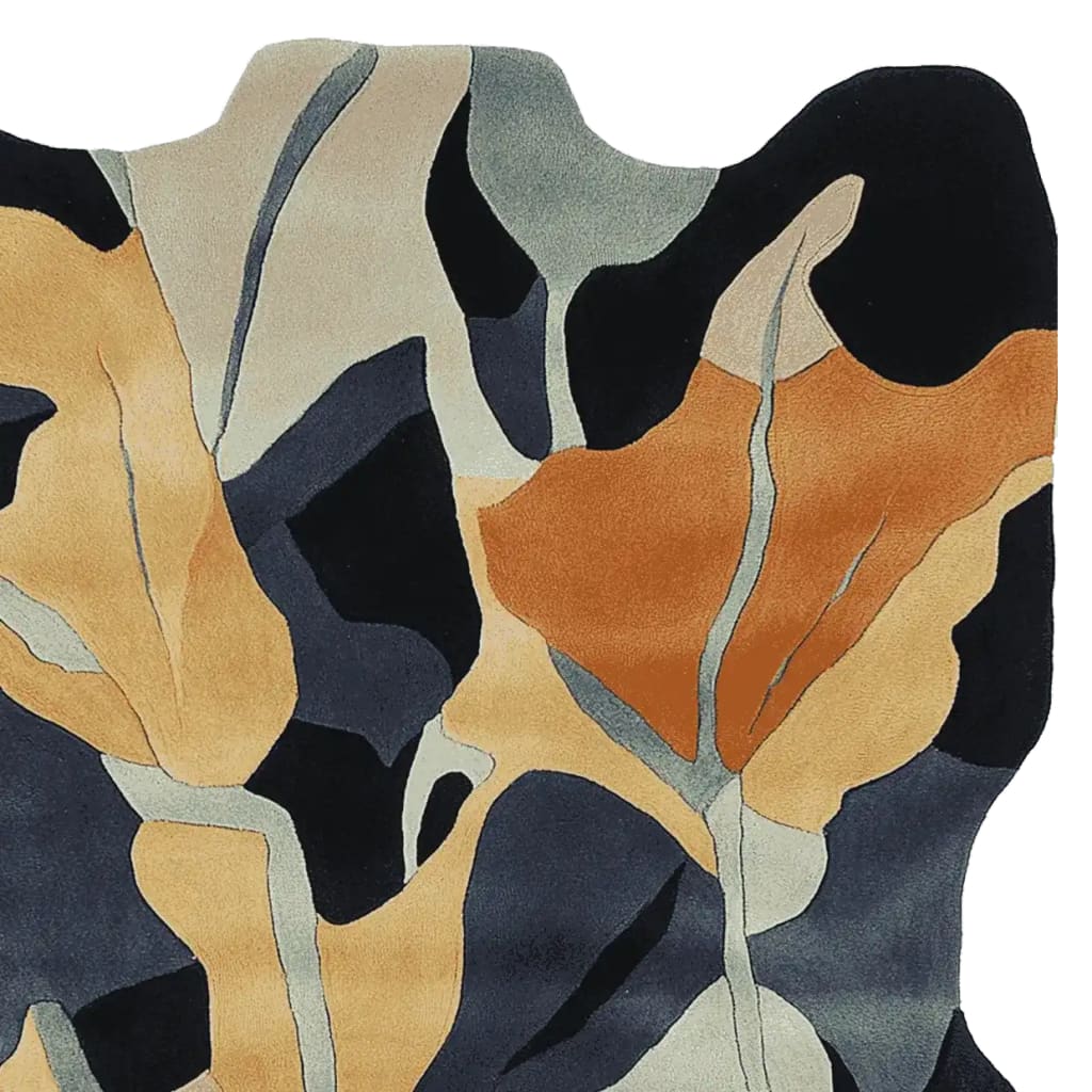 Top view of the Wild Grove Ember Hand Tufted Area Rug showcasing an abstract design with bold shades of orange, black, and gray. This contemporary wool rug is perfect for adding a vibrant touch to large living room spaces.