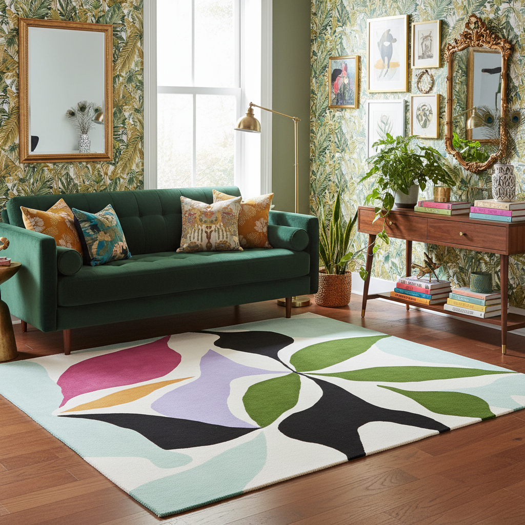 Living room with a green sofa, colorful rug, and decorative elements.