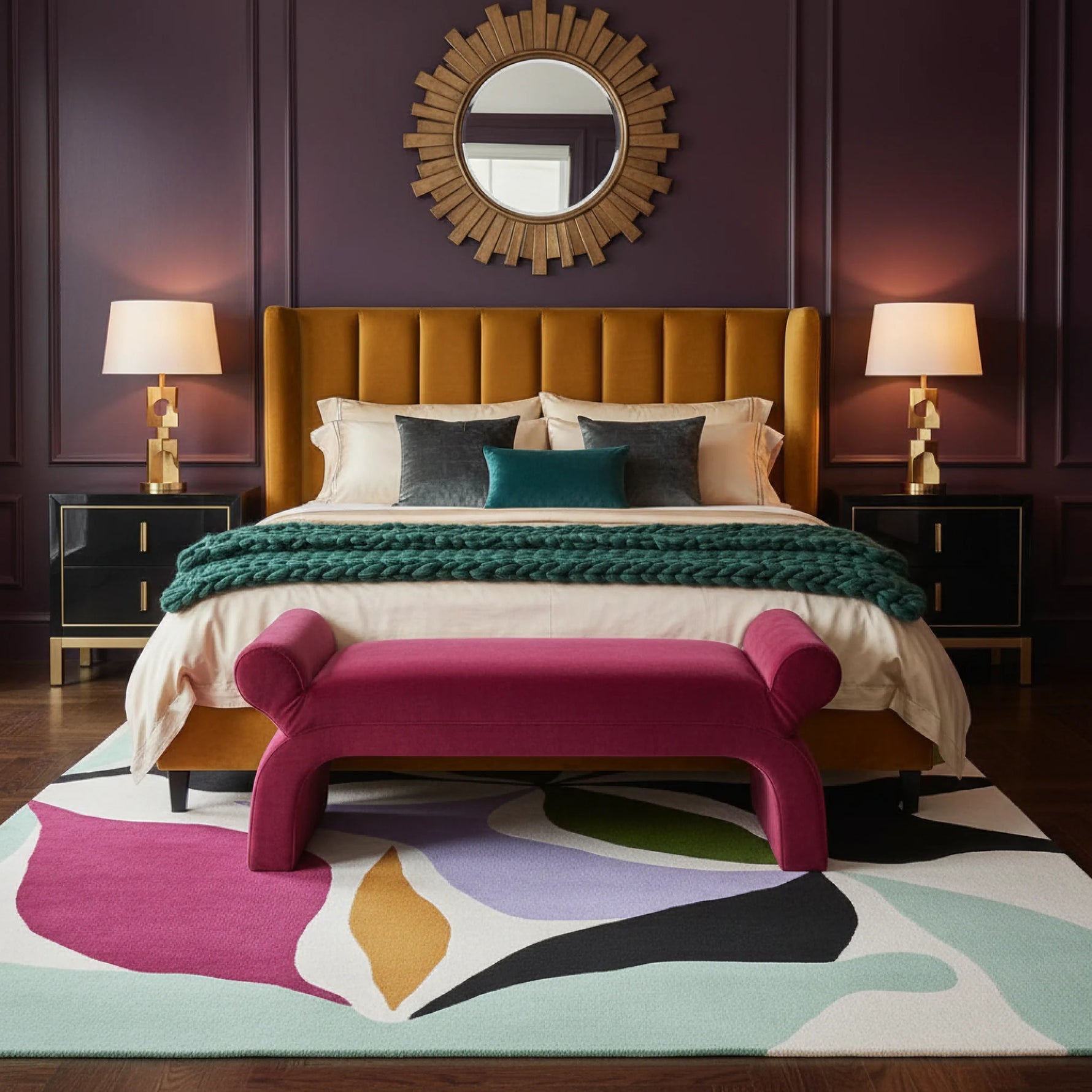Modern bedroom with a colorful rug, vibrant bench, and decorative mirror.