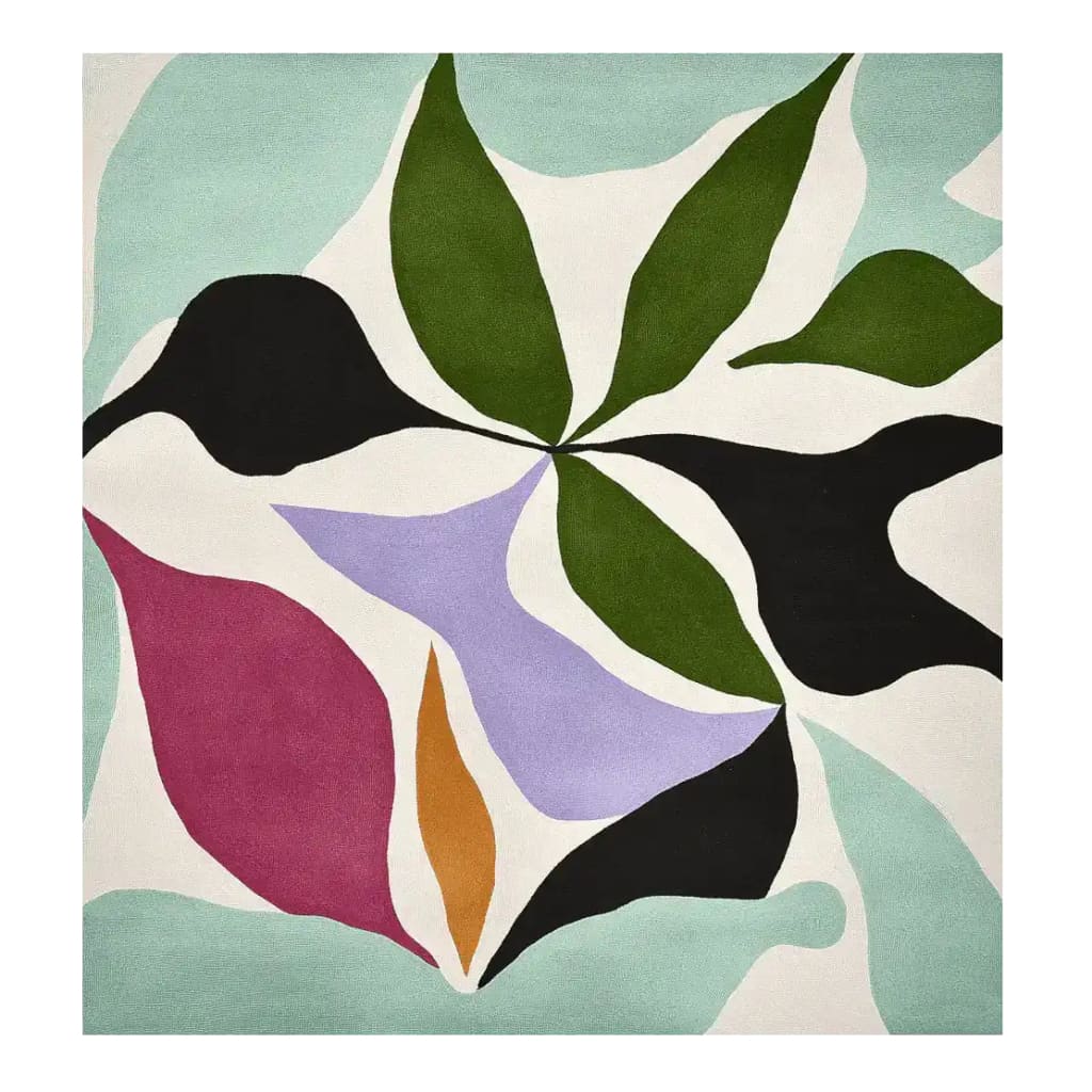 A vibrant and contemporary square area rug featuring an abstract design with bold leaves in shades of green, black, purple, pink, and orange on a soft blue and white background. This wool rug is perfect for adding a touch of artistic flair to living rooms, making it a standout piece among rugs for living room.