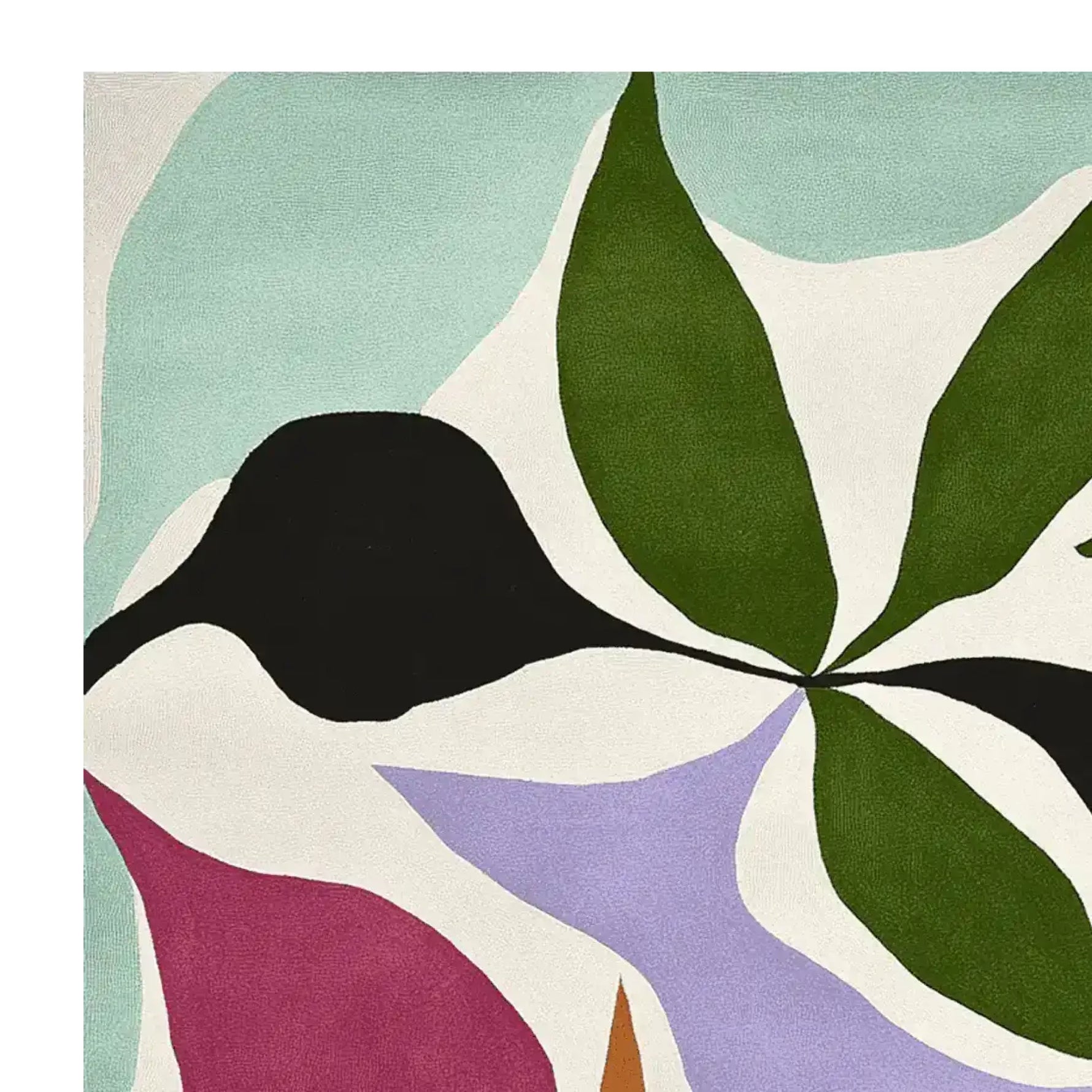 Close-up view of the Wild Leaf Dance Hand Tufted Rug, showcasing an abstract design with bold green leaves and colorful shapes on a wool rug. Perfect as a contemporary square area rug for living rooms, this vibrant piece adds a modern touch to any space.