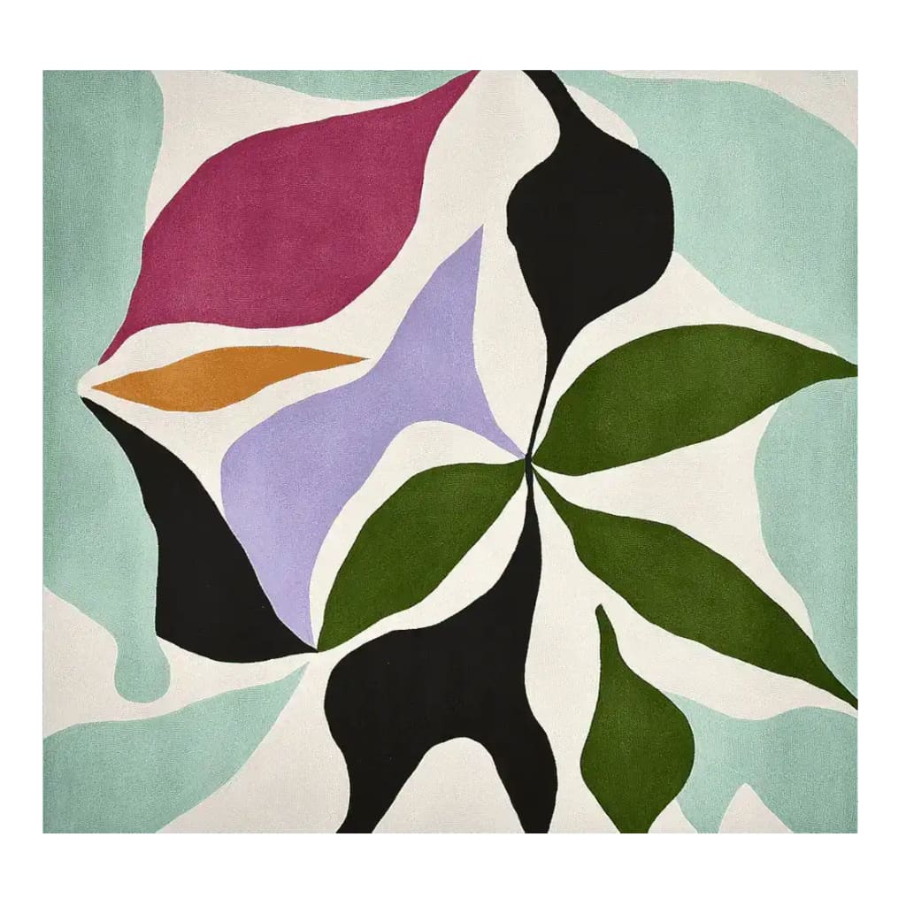 Vibrant and contemporary Wild Leaf Dance Hand Tufted Area Rug featuring abstract leaf patterns in green, purple, and pink hues. This wool rug is perfect for adding a splash of color to living rooms, offering a modern touch with its square shape.