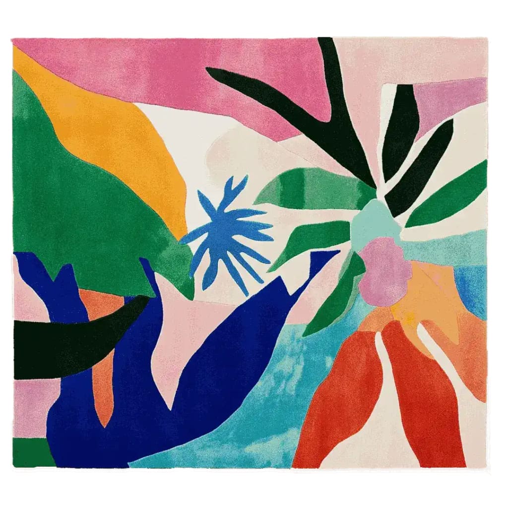 Vibrant and colorful Wild Oasis Vibe Hand Tufted Area Rug featuring abstract design with bold colors like pink, green, orange, and blue. Ideal wool rug for contemporary large living rooms, adding a lively touch to any space.
