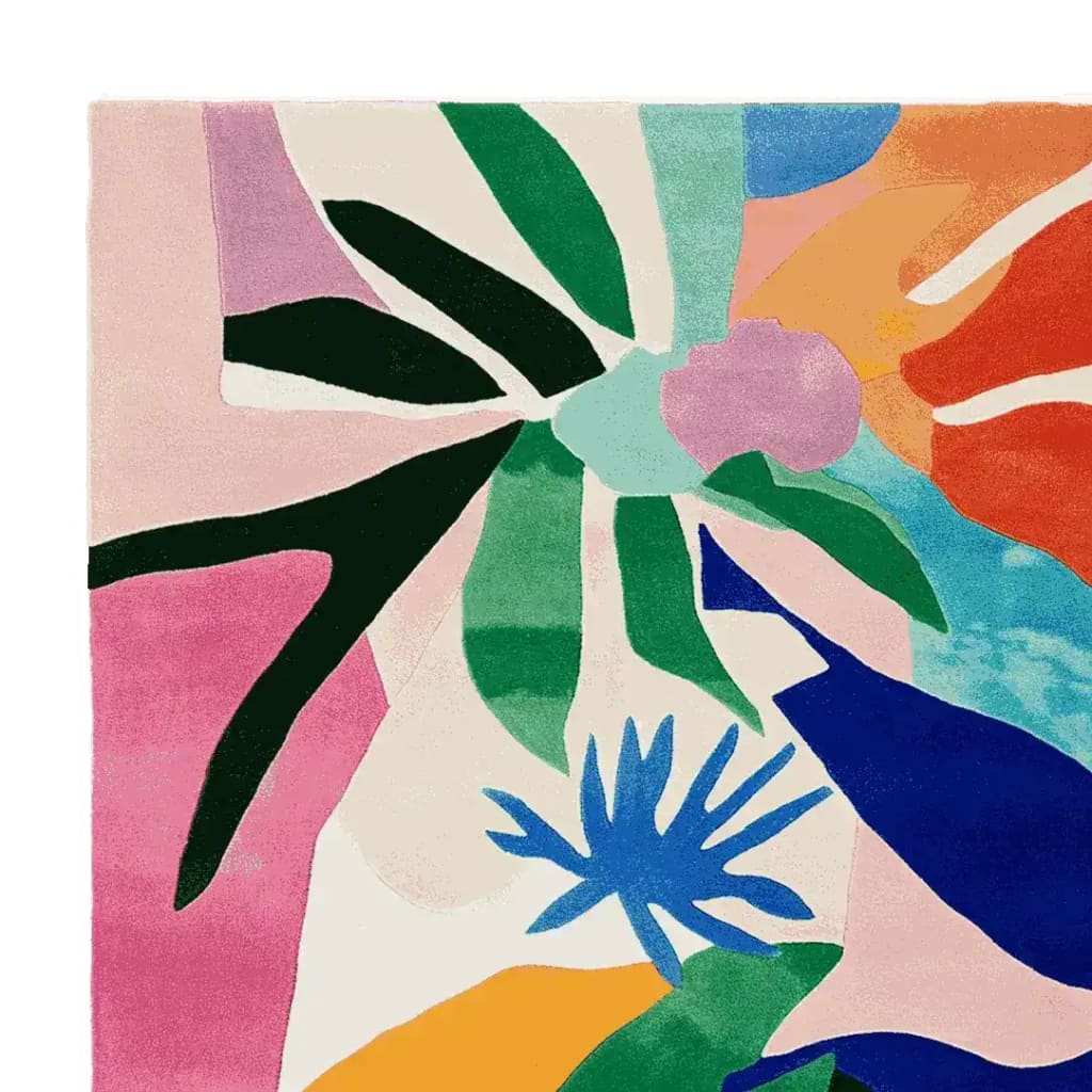 Vibrant and colorful Wild Oasis Vibe hand-tufted area rug featuring bold abstract patterns and rich hues, perfect for adding a contemporary touch to large living rooms. This wool rug showcases a mix of green, blue, pink, orange, and purple, making it an eye-catching centerpiece for any area rugs for living room.