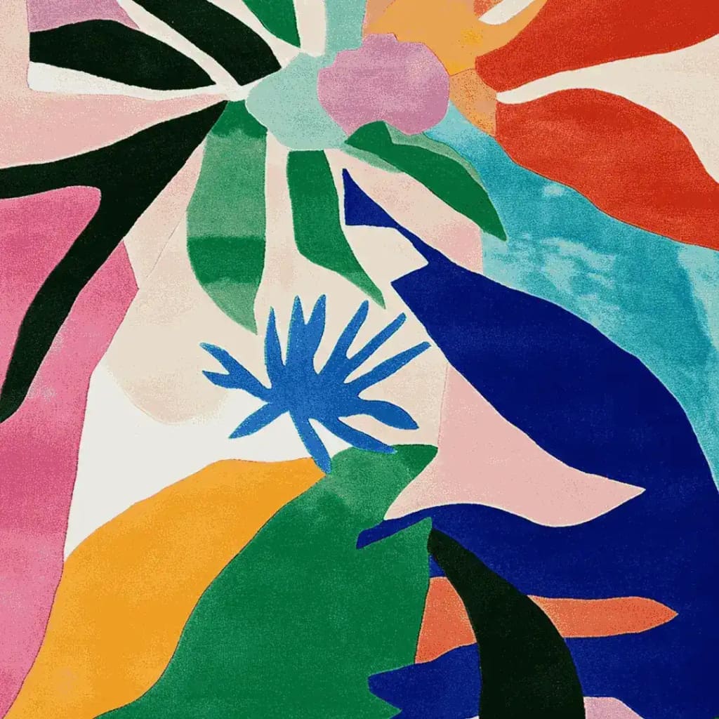 Vibrant Wild Oasis Vibe Hand Tufted Area Rug featuring an abstract design with bold colors like blue, green, pink, and orange. This contemporary wool rug adds a splash of color and modern flair to large living room spaces, making it an ideal area rug for living rooms.