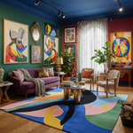 Colorful living room with abstract art, a purple sofa, and a patterned rug.